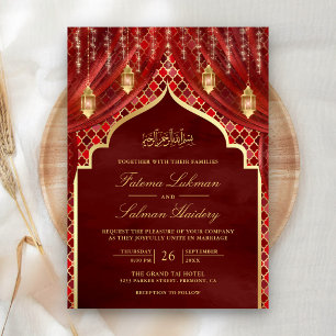 Invitation Lanterne dorée Rideau rouge bordeaux Mariage musul