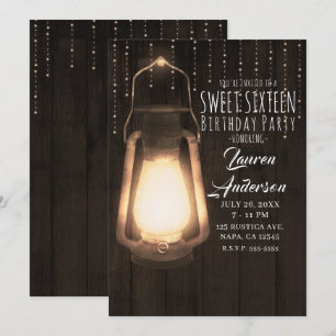 Invitation Lanterne et lumières rustiques en bois marron pour