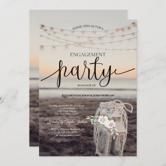 Invitation Lanterne, Fleurs, Fleurs, Fiançailles de plage (Devant / Derrière)