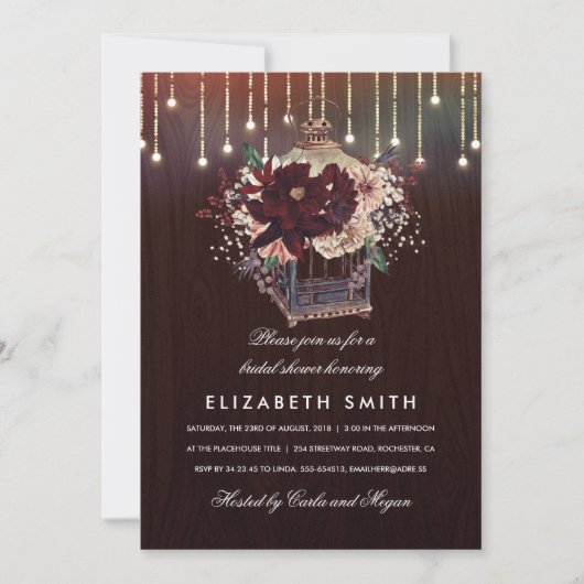 Invitation Lanterne Florale Bourgogne Russe Fête des mariées  (Devant)