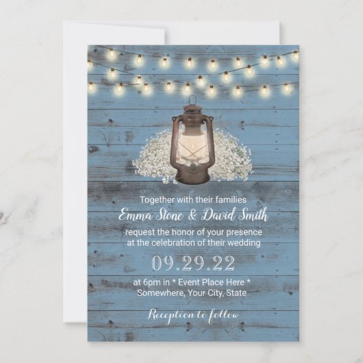 Invitation Lanterne Florale Rustique Dusty Blue Barn Mariage  (Devant)
