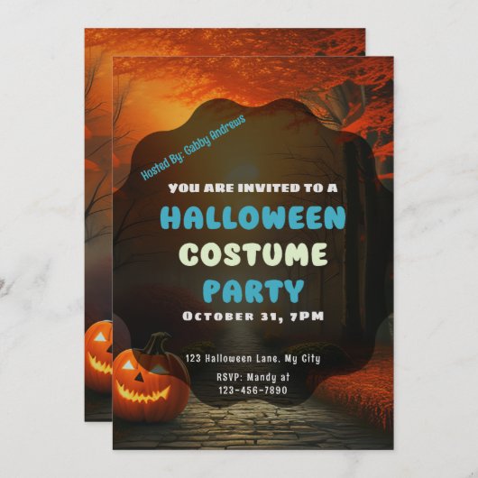 Invitation lanterne Jack-O' sur le chemin de la forêt d'autom (Devant / Derrière)