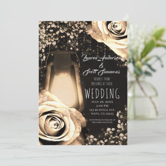 Invitation Lanterne Lumineuse Rustique Rose Or Lumière Inv Ma (Debout devant)