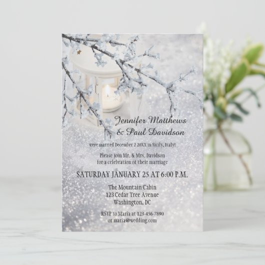 Invitation Lanterne Neige hiver après mariage fêter invitatio (Debout devant)