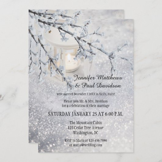 Invitation Lanterne Neige hiver après mariage fêter invitatio (Devant / Derrière)