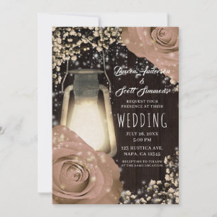 Invitation Lanterne rouge beige Rose Mariage grange