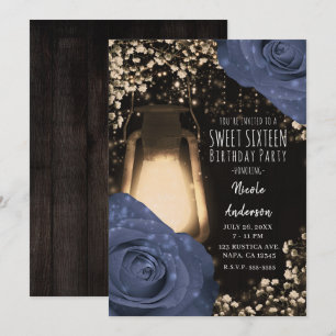 Invitation Lanterne Rustic Glow et Roses Bleu Steele Sweet 16