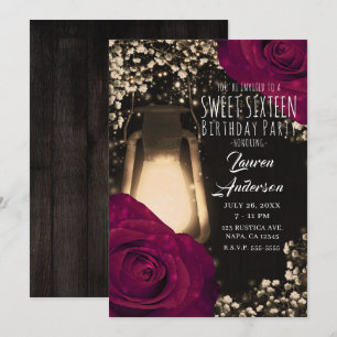 Invitation Lanterne Rustic Glow et Roses Magenta Sweet 16