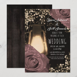 Invitation Lanterne Rustic Glow et Roses Rose Poussiéreux Mar