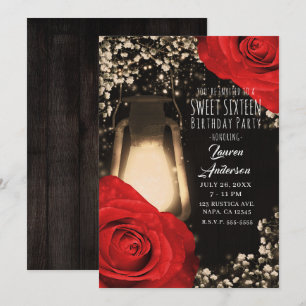 Invitation Lanterne Rustic Glow et Roses Rouge Clair 16 ans D