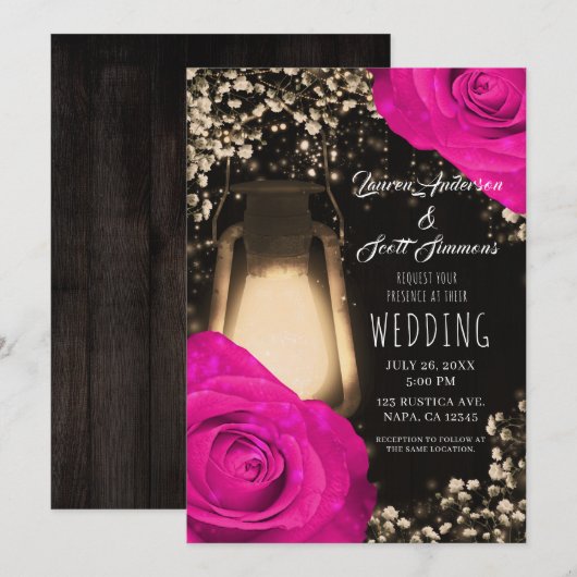 Invitation Lanterne Rustic Glow & Mariage Fuchsia Rose Chaud (Devant / Derrière)