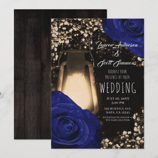 Invitation Lanterne Rustic Glow & Roses Bleu Marine Invitatio (Devant / Derrière)