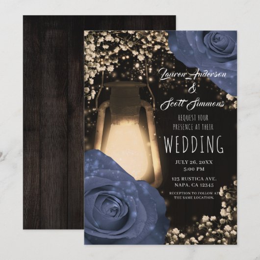 Invitation Lanterne Rustic Glow & Roses Bleu Steele Mariage (Devant / Derrière)