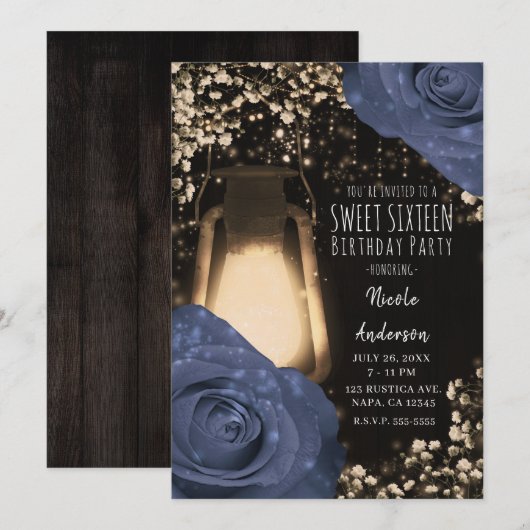 Invitation Lanterne Rustic Glow & Roses Bleu Steele Sweet 16 (Devant / Derrière)