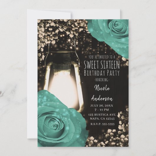 Invitation Lanterne Rustic Glow Roses Vert Menthe Sweet 16 (Devant)