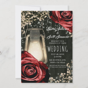 Invitation Lanterne Rustique aux Roses Rouge Foncé pour un Ma