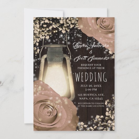 Invitation Lanterne Rustique Beige Roses Mariage de Grange (Devant)