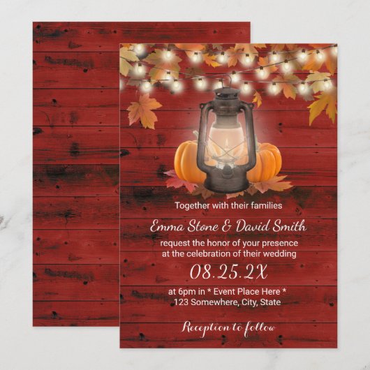 Invitation Lanterne Rustique & Citrouille Mariage de automne (Devant / Derrière)