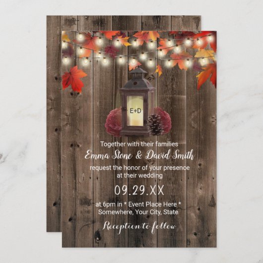 Invitation Lanterne rustique & Fleurs Grange Mariage de autom (Devant / Derrière)