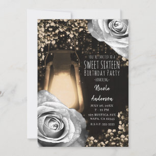 Invitation Lanterne Rustique Glow Argent Gris Roses Douze Ans