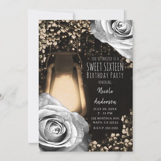 Invitation Lanterne Rustique Glow Argent Gris Roses Douze Ans (Devant)