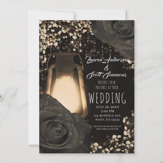 Invitation Lanterne Rustique Glow Gris Chaud Roses Noires Mar (Devant)