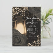 Invitation Lanterne Rustique Glow Gris Chaud Roses Noires Mar (Debout devant)