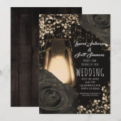 Invitation Lanterne Rustique Glow Gris Chaud Roses Noires Mar (Devant / Derrière)