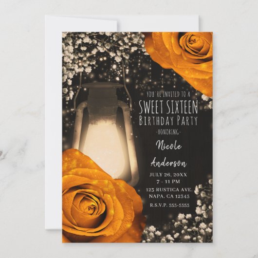 Invitation Lanterne Rustique Glow Orange Roses d'Automne Douc (Devant)