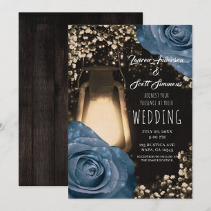 Invitation Lanterne Rustique Glow Roses Bleu Poussiéreux Mari
