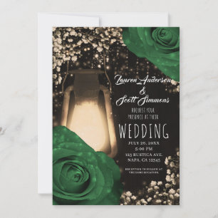Invitation Lanterne Rustique Glow Roses Vertes Mariage Jardin