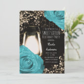 Invitation Lanterne Rustique Glow Turquoise Roses Bleues Swee (Debout devant)