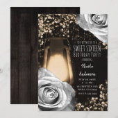 Invitation Lanterne Rustique Gris Argent Roses Douze Ans (Devant / Derrière)
