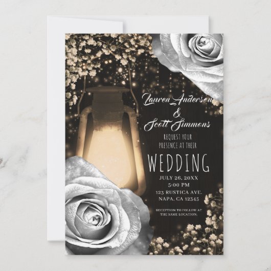 Invitation Lanterne Rustique Gris Argent Roses Mariage (Devant)