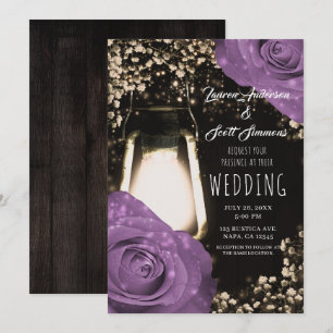 Invitation Lanterne Rustique Lueur Lilas Roses Violettes Mari