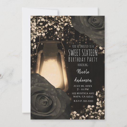 Invitation Lanterne Rustique Lueur Noir Chaud Roses Douces 16 (Devant)