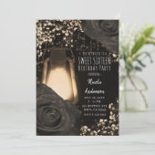 Invitation Lanterne Rustique Lueur Noir Chaud Roses Douces 16 (Debout devant)