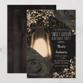 Invitation Lanterne Rustique Lueur Noir Chaud Roses Douces 16 (Devant / Derrière)