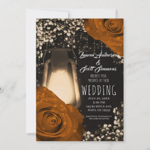 Invitation Lanterne Rustique Lueur Orange Épices Roses Mariag