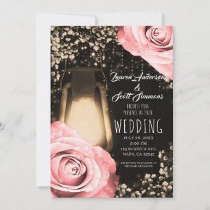 Invitation Lanterne Rustique Lueur Roses Blush Pêche Mariage
