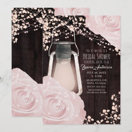 Invitation Lanterne Rustique Lueur Roses Rose Bébé Shower de (Devant / Derrière)