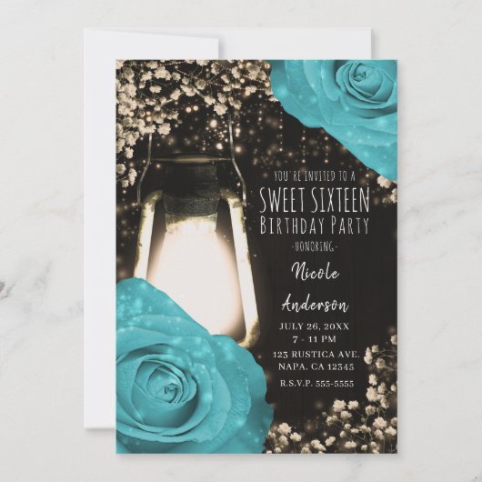 Invitation Lanterne Rustique Lueur Turquoise Bleu Roses Douce (Devant)