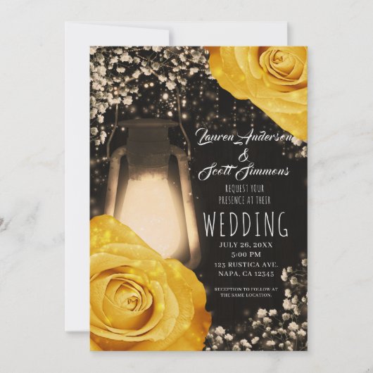 Invitation Lanterne Rustique Lumière Jaune Doré Roses Mariage (Devant)