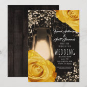 Invitation Lanterne Rustique Lumière Jaune Doré Roses Mariage (Devant / Derrière)