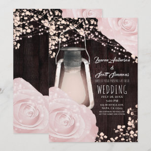 Invitation Lanterne Rustique Lumière Roses Bébé Rose Mariage