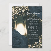 Invitation Lanterne Rustique Lumineuse et Roses Bleu Foncé de (Devant)