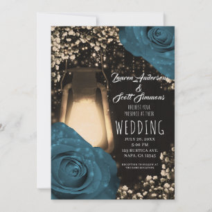 Invitation Lanterne Rustique Lumineuse Roses Bleu Vert Turquo