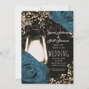 Invitation Lanterne Rustique Lumineuse Roses Bleu Vert Turquo