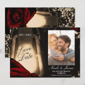Invitation Lanterne Rustique Lumineuse & Roses Rouge Foncé Ca (Devant / Derrière)