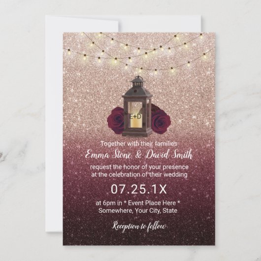 Invitation Lanterne Rustique moderne Bourgogne Rose Mariage o (Devant)